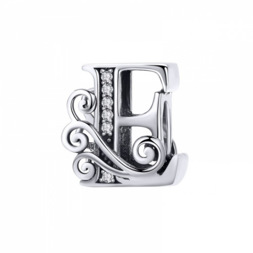 Talisman charm din Argint 925 KRASSUS Letter E, cu Zirconiu, pentru bratara sau pandantiv lant, model litera