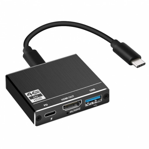 Adaptor convertor 3 in 1 USB 3.1 Type-C la HDMI 4K@60Hz, USB 3.0 si port de incarcare USB Type-C, negru