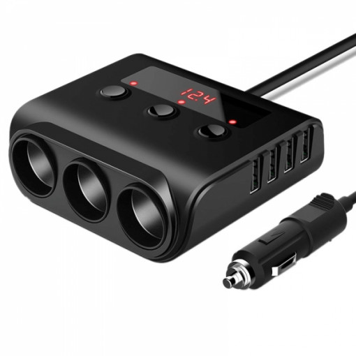 Adaptor priza auto multisocket 100W 3x soclu auto , 4 x USB 3.6A, afisaj display voltaj, cu siguranta, cablu 58cm, negru