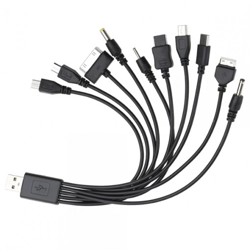 Cablu 10 in 1 multi-incarcare USB 2.0 la 2 x Micro USB, 2 x Mini USB, PSP, DC 2mm, DC 4mm, Lightning 30 pini, Samsung Comte 20 pini, Type-C, 20cm, negru