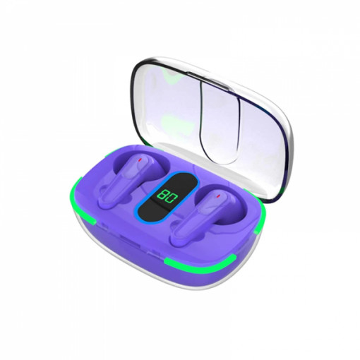 Casti wireless TWS PRO 70 pentru muzica cu microfon, Bluetooth 5.3, Rezistenta la apa IPX4, Control tactil, Display digital, Carcasa tip power bank 200mAh, Compatibilitate universala, mov