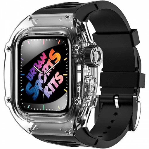 Curea din silicon pentru Apple Watch 4/ Apple Watch 5/ Apple Watch 6/ Apple Watch SE de 44mm cu carcasa transparenta, negru