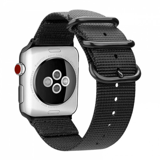 Curea textila din Nylon Oxford tip army cargo pentru Apple Watch, 42 / 44mm, 1 / 2 / 3 / 4 / 5 / 6 / SE, negru