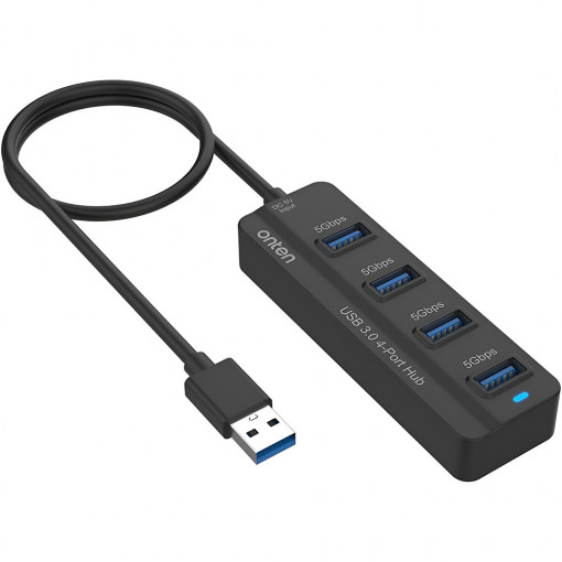 Hub USB 4 in 1 ONTEN, adaptor multiport USB A la 4 x USB 3.0, carcasa aluminiu, pentru MacBook, Chromebook, laptop cu incarcare Type-C, negru