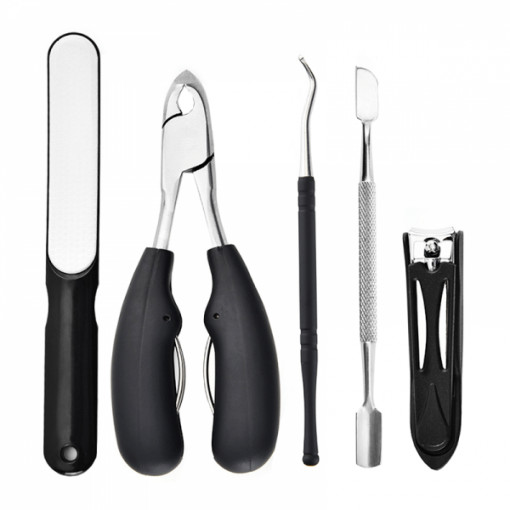 Kit 5 piese manichiura pedichiura Focstar, cu cleste , pila calcaie, instrument cuticule si instrument unghii incarnate, negru