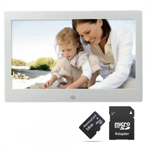 Rama foto digitala din aluminiu 8 inch LCD, 1080p, mp3 player, video player, cu telecomanda, argintiu + card de memorie microSD 16GB si adaptor