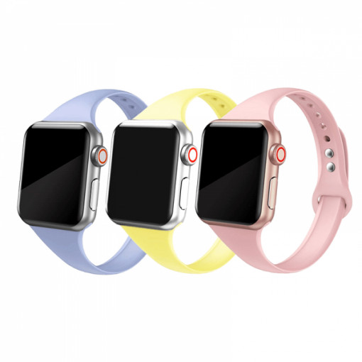 Set 3 curele slim din silicon pentru Apple Watch 1 / 2 / 3 / 4 / 5 38mm / 40mm , galben, roz, lila