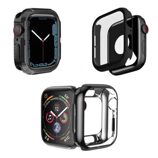 Set 3 huse pentru Apple Watch de 45mm, tip rama din sticla securizata, tip rama din silicon moale elecroplacat, tip bumper din silicon, negru