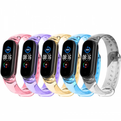 Set 5 curele pentru bratara smartwatch Xiaomi Mi Band 7, silicon, culoare foto-sensibila, transparent, roz, mov, galben, albastru, negru