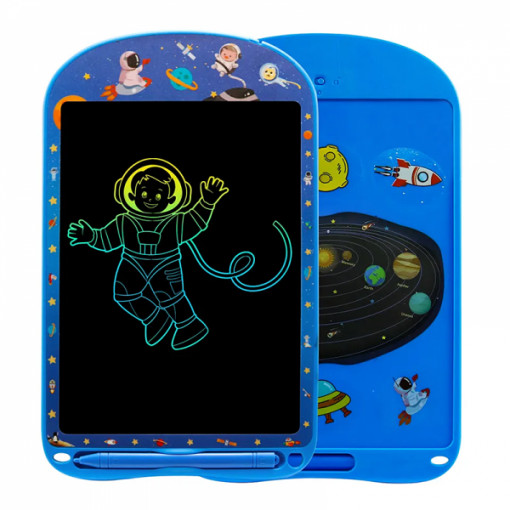 Tableta grafica 10 inch pentru scris si desenat cu ecran LCD, scris multicolor, buton stergere, creion Stylus, sticker planete / spatiu + Extra creion / snur anti-pierdere CADOU, model astronaut, albastru