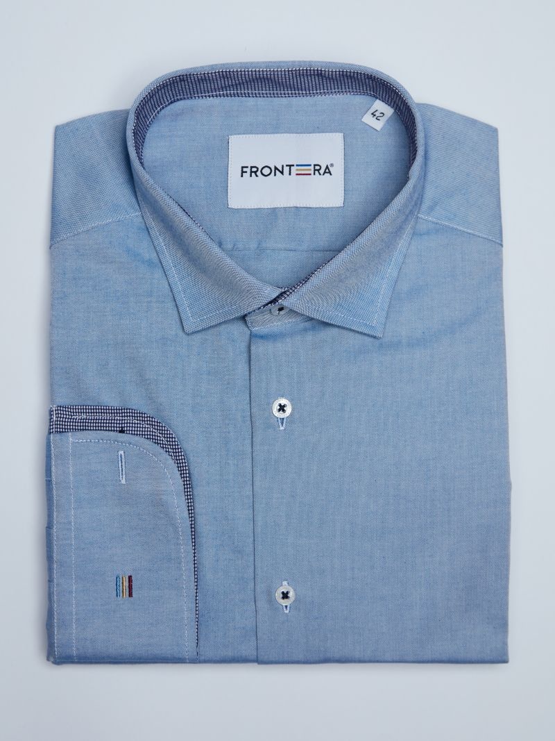 Camasa premium barbati, bumbac, slim fit - FRONTERA - albastru cu bezati (Culoare: Albastru, Marime: 38) - 1 | YEO