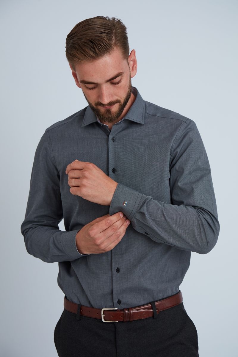 Camasa premium barbati, 100% bumbac, slim fit - FRONTERA - gri inchis cu bezati (Culoare: Gri, Marime: 38)