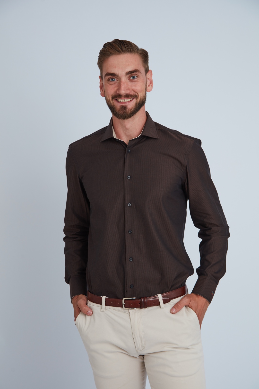 Camasa premium barbati, bumbac, regular fit - FRONTERA - maro cu bezati (Culoare: Maro, Marime: 38)