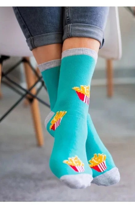 Sosete dama, sosete bumbac turcoaz cu model cartofi prajiti - MORE S078087 Fries (Culoare: Turcoaz, Marime: 35-38)