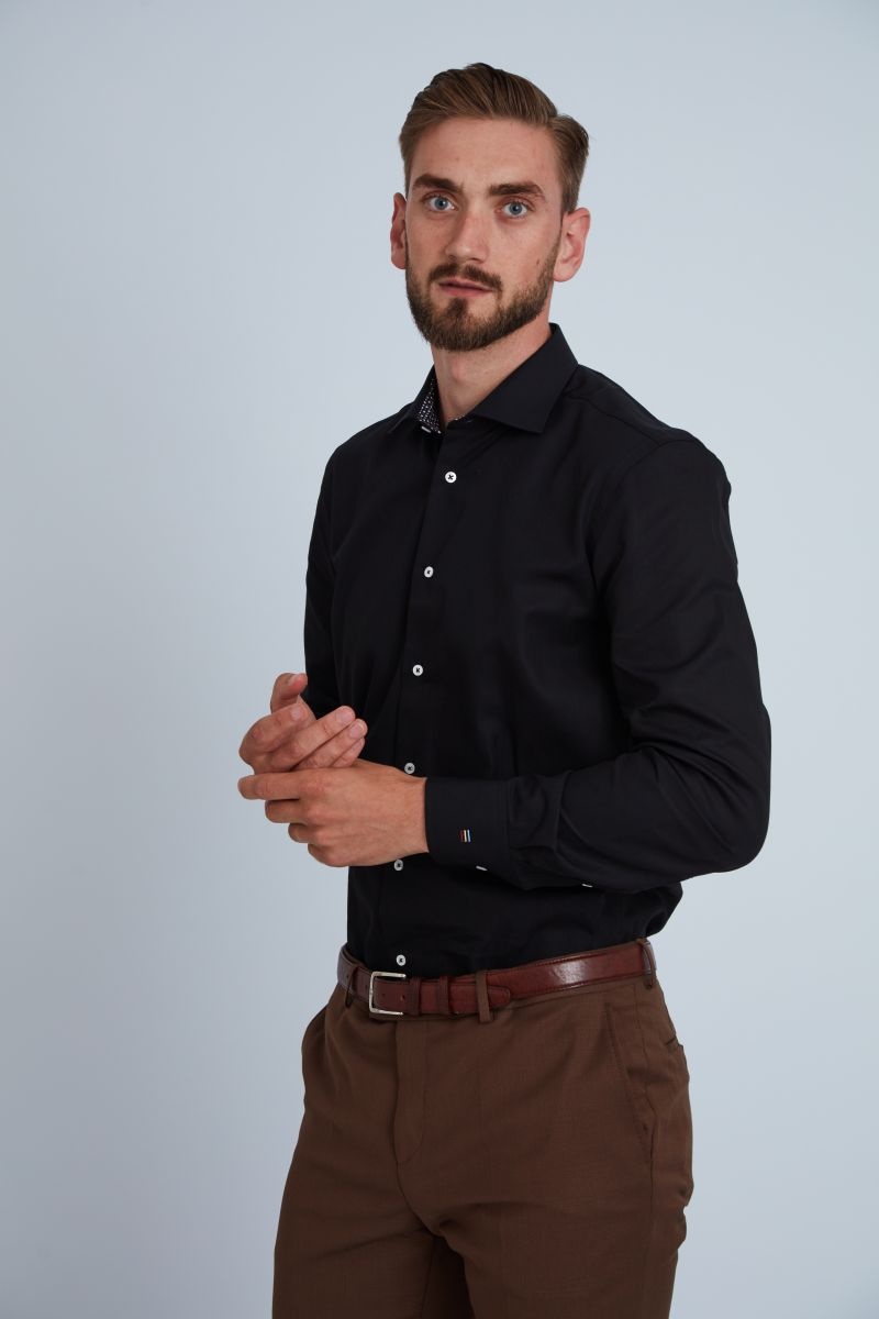 Camasa premium barbati, 100% bumbac, regular fit - FRONTERA - negru dungi cu bezati (Culoare: Negru, Marime: 38)
