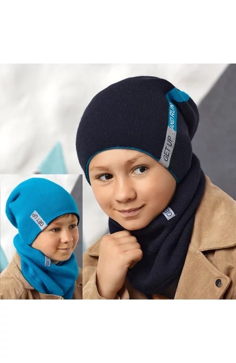 Set caciula si fular (reversibil) pentru baieti 4-7 ani - AJS 42-597 albastru/negru