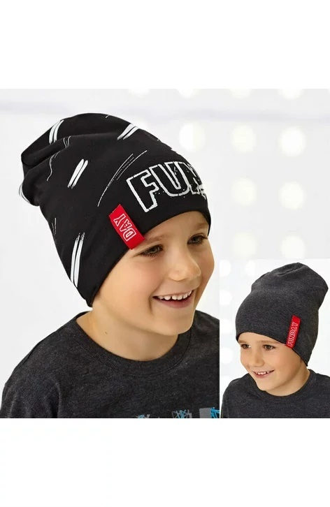 Caciula bumbac pentru baieti 1,5-7 ani (reversibil) - AJS 44-241 negru/grafit