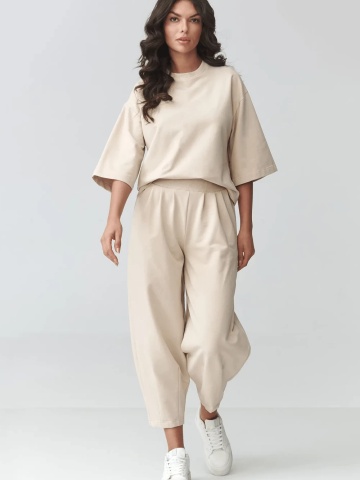 Compleu de trening bej cu pantaloni bufanti si bluza lejera - M916 - Img 2