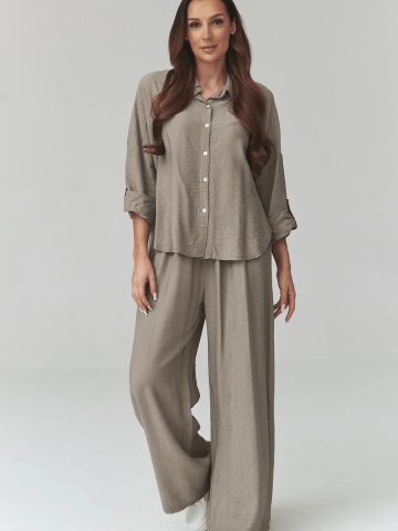 Compleu lejer mocha cu pantaloni largi si camasa - C49
