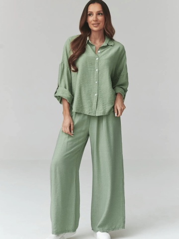 Compleu lejer verde olive cu pantaloni largi si camasa - C49 - Img 3