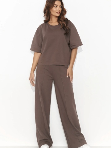 Compleu trening ciocolatiu din bumbac cu pantaloni conici si bluza lejera - NU475