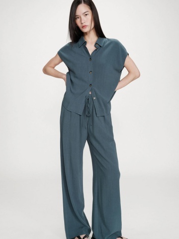 Pantaloni Raven verde petrol lejeri cu talie inalta - Img 2