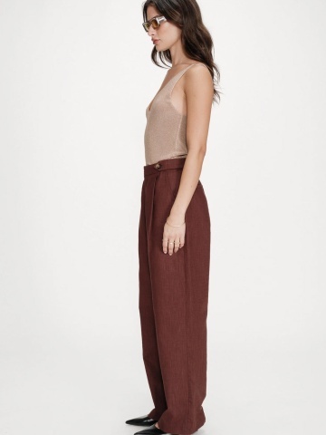 Pantaloni Vanelis din in chocolate cu talie inalta - Img 4