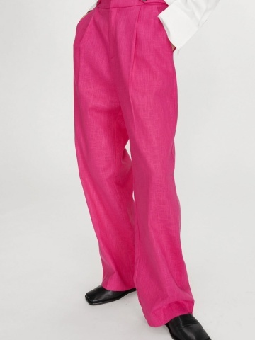 Pantaloni Vanelis din in fucsia cu talie inalta