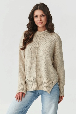 Pulover dama oversize cu cusatura decorativa, bej melange - Makadamia S159