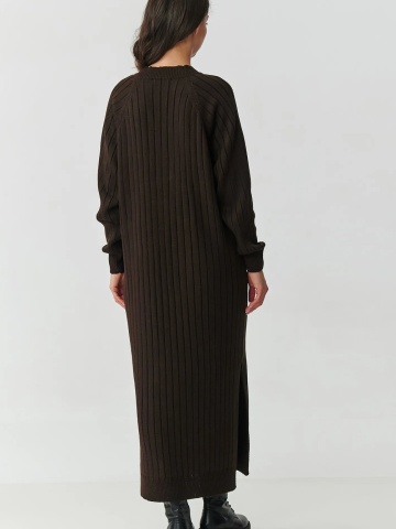 Pulover lung tip rochie cu decolteu in V, maro ciocolatiu - S161 - Img 2