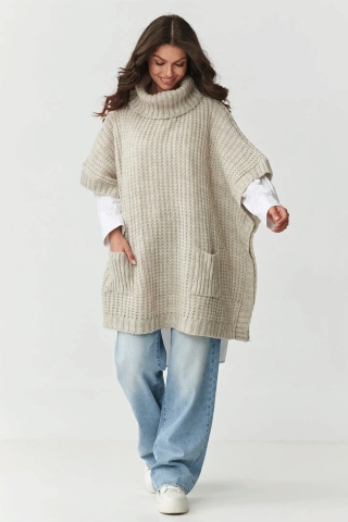Pulover tip poncho cu guler inalt si buzunare, bej melange - S160 - Img 3