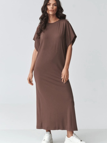 Rochie ciocolatie oversize lunga lejera cu slit lateral - M927