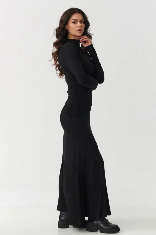 Rochie maxi cu guler inalt si incretituri, neagra - Makadamia M897 - Img 2