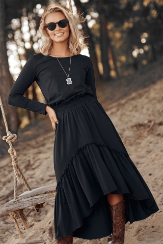 Rochie neagra maxi asimetrica cu volane - M573 - Img 2