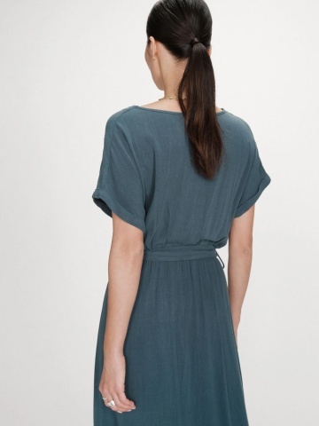 Rochie Pollen lunga verde petrol cu maneca scurta si cordon in talie - Img 3