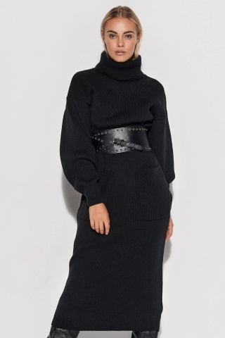 Rochie tricotata tip pulover, cu guler inalt si buzunare, neagra - Makadamia S105 - Img 3