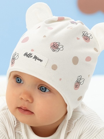 Caciula bebe, model din bumbac crem cu buline si urechi de soricel - AJS