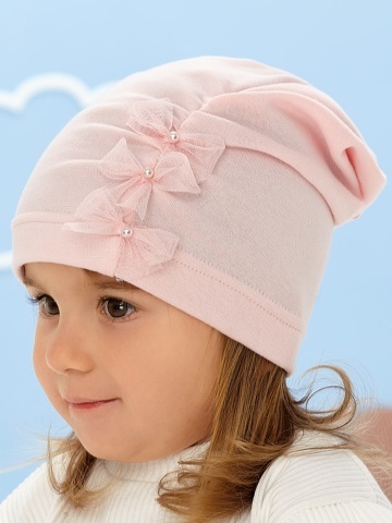 Caciulita roz pentru fete, model din bumbac cu fundite decorative - AJS