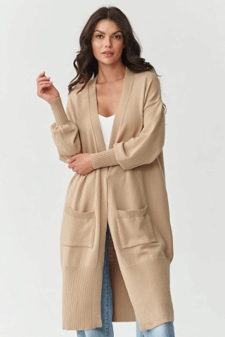 Cardigan dama clasic, lung cu buzunare, nisipiu - S167