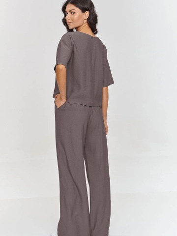 Compleu elegant mocha cu pantaloni largi si bluza dreapta - M881 - Img 3