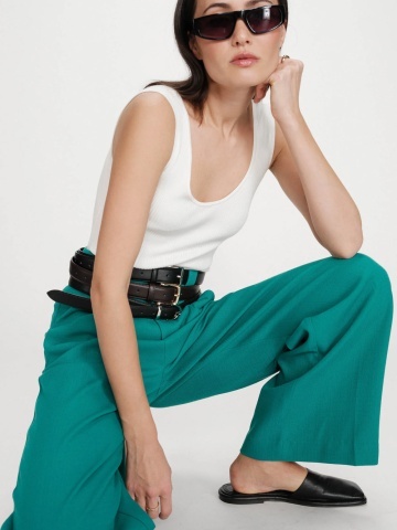 Pantaloni Pierre verde turcoaz drepti cu talie medie-inalta si pliuri - Img 4