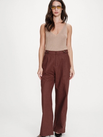 Pantaloni Vanelis din in chocolate cu talie inalta