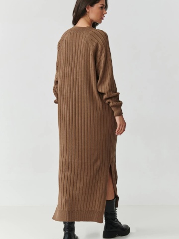 Pulover lung tip rochie cu decolteu in V, cappuccino - S161 - Img 2