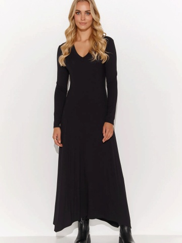 Rochie lunga neagra din tricot cu decolteu in V - Makadamia M809