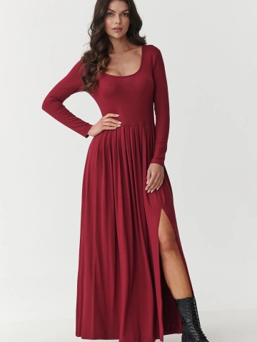 Rochie maxi bordo evazata cu maneca lunga si slit lateral - Makadamia M896