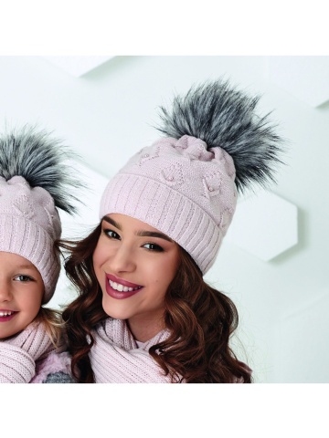 Set caciula si fular pentru dama, colectia mama-fiica - AJS 44-457 roz
