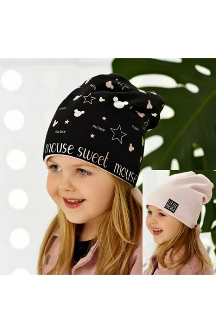Caciula bumbac pentru fetite 1,5-7 ani (reversibil) - AJS 44-114 negru/roz - Img 1