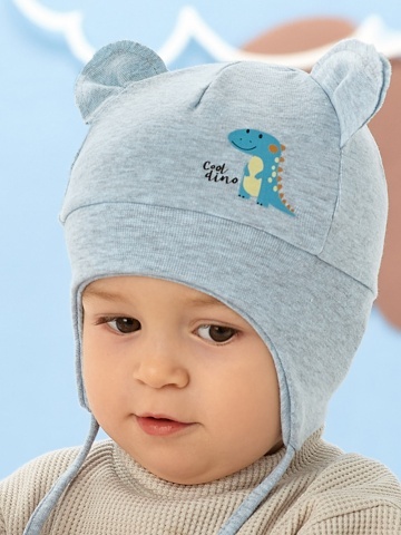 Caciula copii, model bumbac albastru deschis cu urechiuse si ilustratie Cool Dino