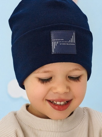 Caciula copii, model simplu din bumbat reiat bleumarin uniform cu margine intoarsa