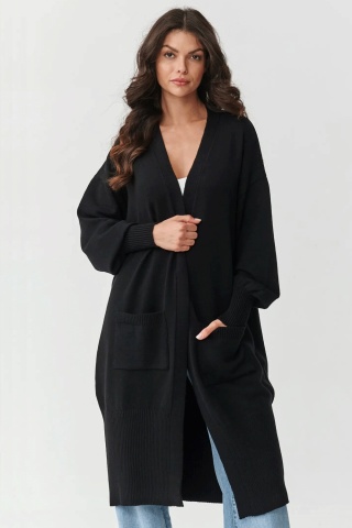 Cardigan dama clasic, lung cu buzunare, negru - S167